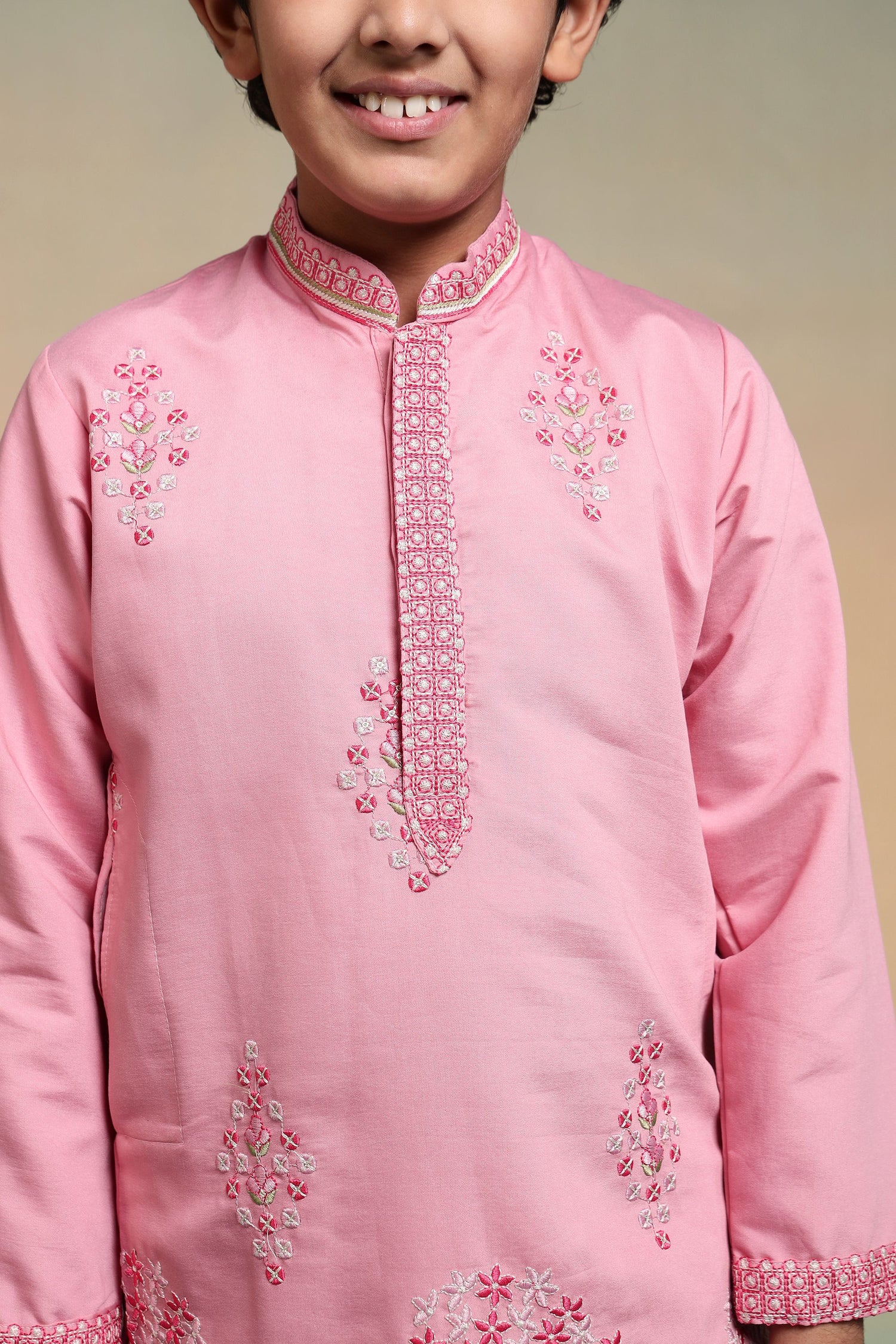 Pink Pure Viscose Silk Kids Boy Kurta Pajama