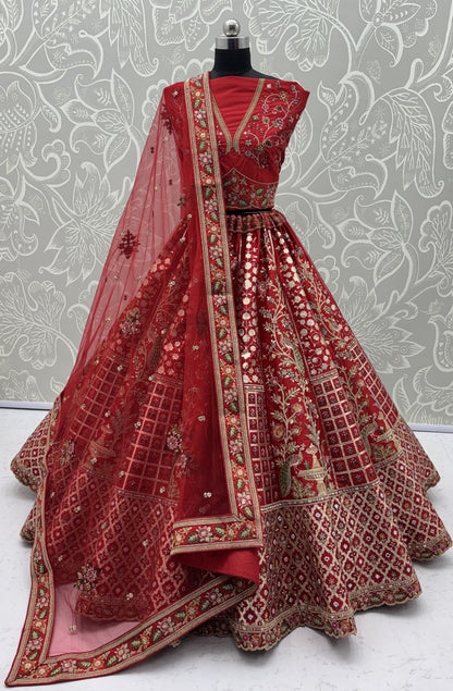 Red Pure Soft Gadhwal Silk Heavy Embroidery Work Bridal Lehenga Choli