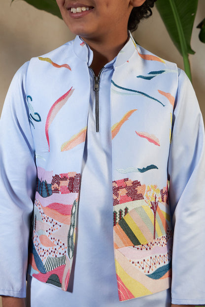 Sky Pure Satin Silk Kids Boy Kurta Pajama With Koti Jacket 