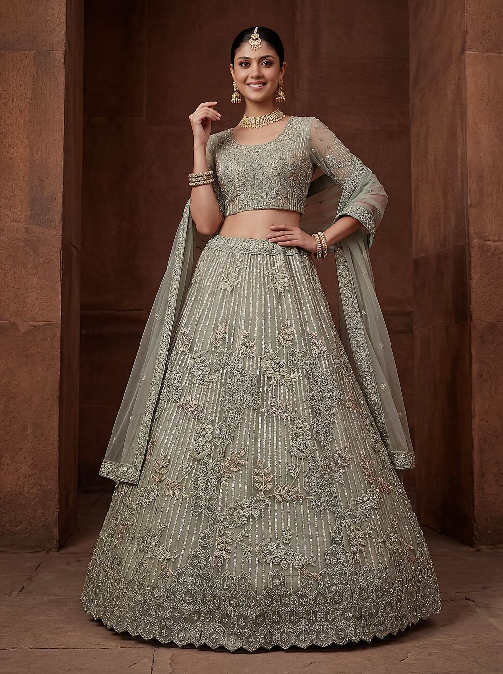 Pista Pure Soft Heavy Net Fancy Embroidery Work Bridal Lehenga Choli