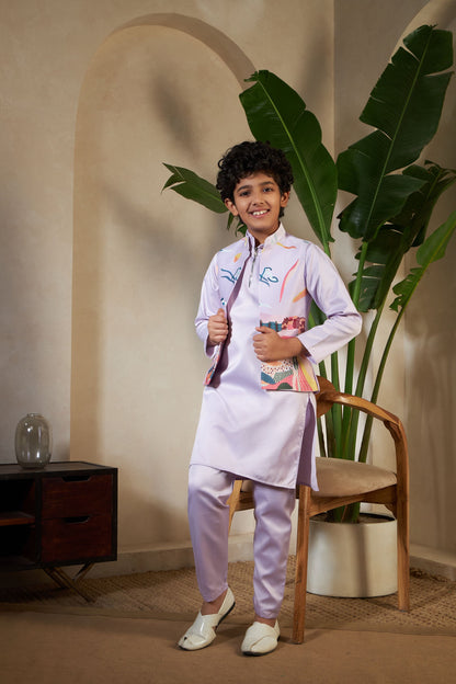 Lavender Pure Satin Silk Kids Boy Kurta Pajama With Koti Jacket 