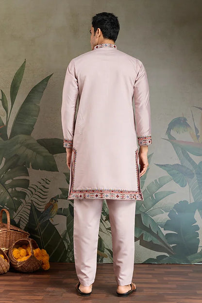 Dusty Pink Silk Embroidered Kurta Pajama for Men