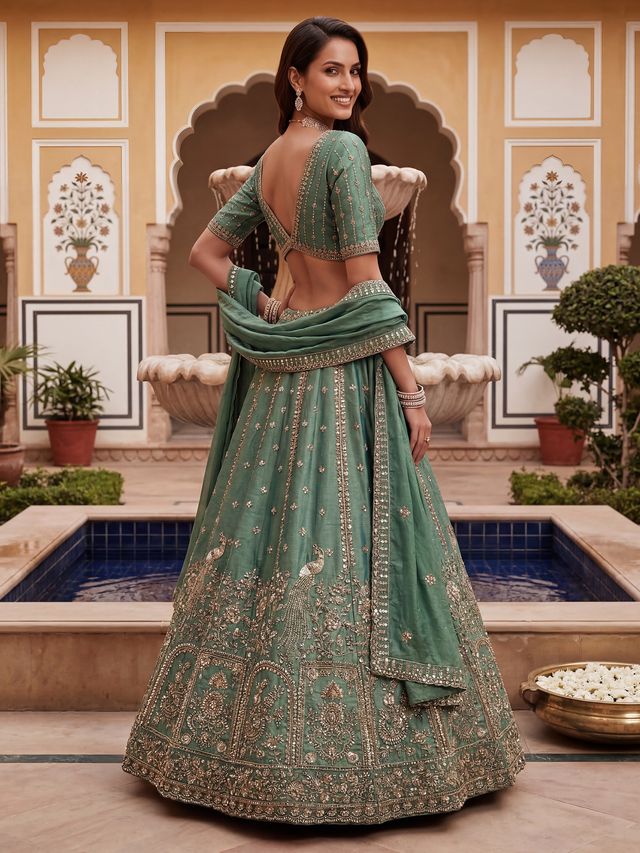 Dark Mint Pure Soft Heavy Fendi Orgenza Sequins Embroidery Work Bridal Lehenga 