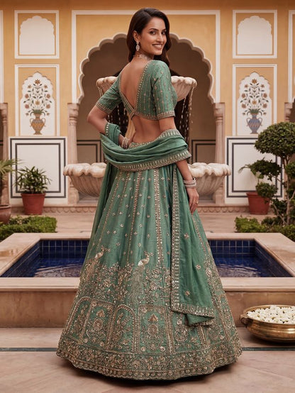 Dark Mint Pure Soft Heavy Fendi Orgenza Sequins Embroidery Work Bridal Lehenga 