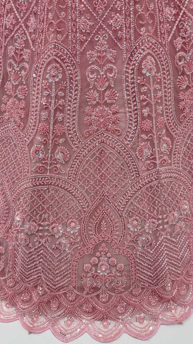 Pink Pure Heavy Net Motif Handwork Zari Sequins Work Bridal Lehenga Choli