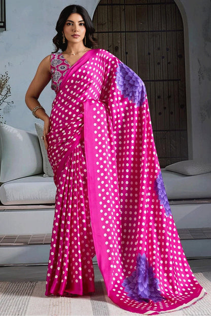 Pink Pure Modal Satin Ajrakh Print Satin Saree Japan Satin Saree Anant Tex Exports Pvt.Ltd..