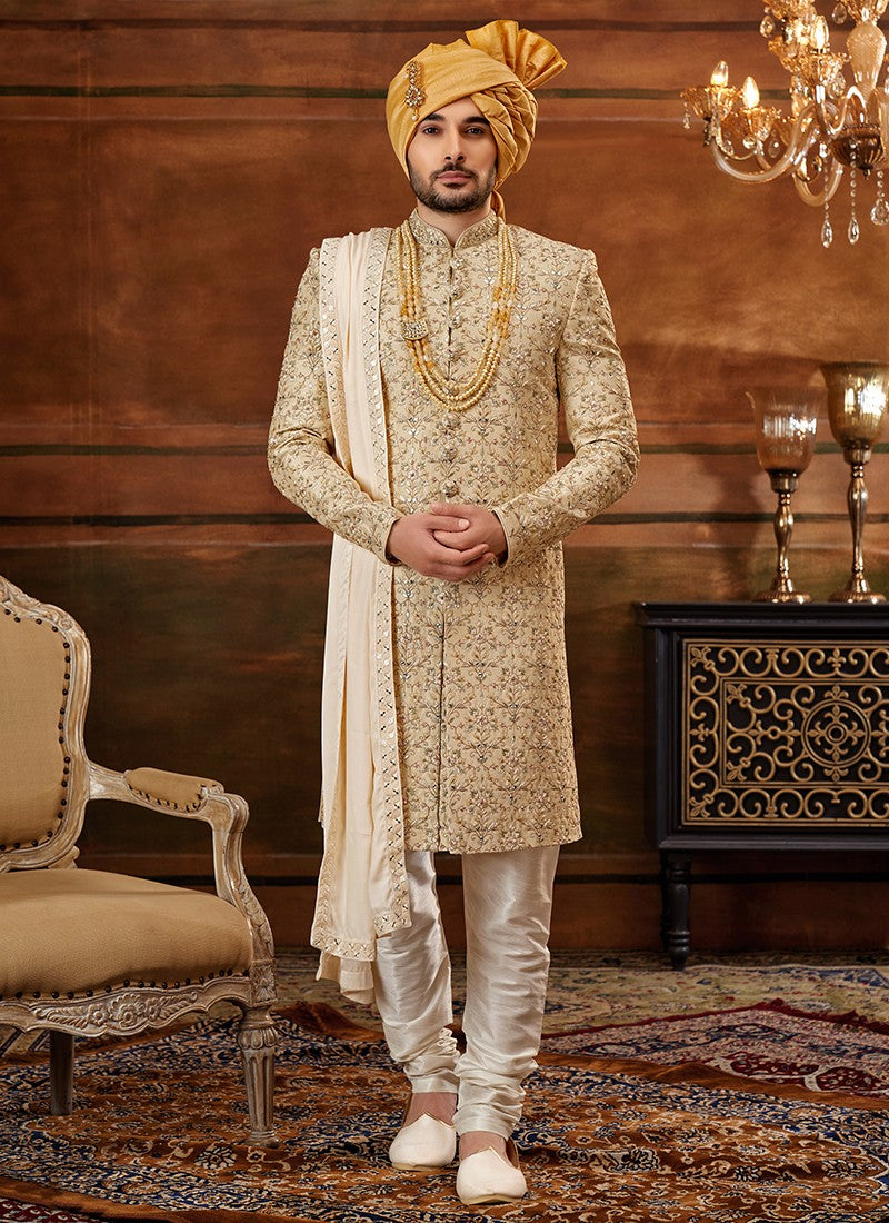 Beige and White Colour Designer Exclusive Wedding Wear Sherwani Suit