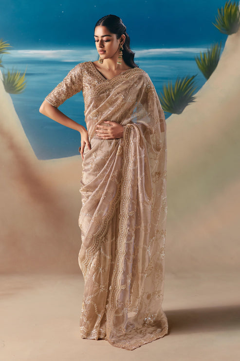 Beige Fancy Organza Silk Zari Embroidered Sequins With Bridal Saree
