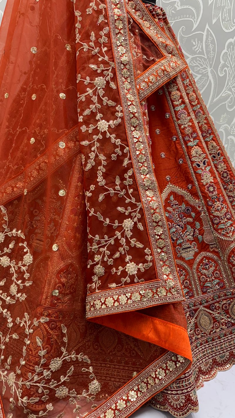 Orange Pure Soft Gadhwal Silk Premium Bridal Lehenga Choli