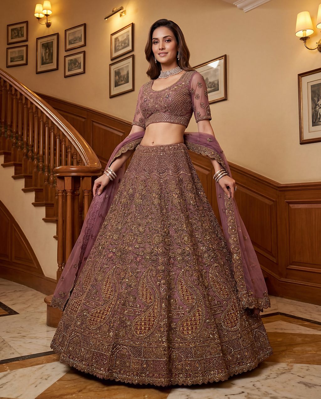 Light Purple Pure Soft Heavy Net Sequins Embroidery Work Bridal Lehenga 