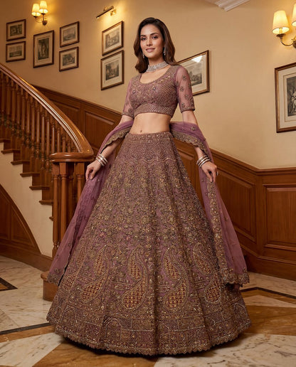 Light Purple Pure Soft Heavy Net Sequins Embroidery Work Bridal Lehenga 