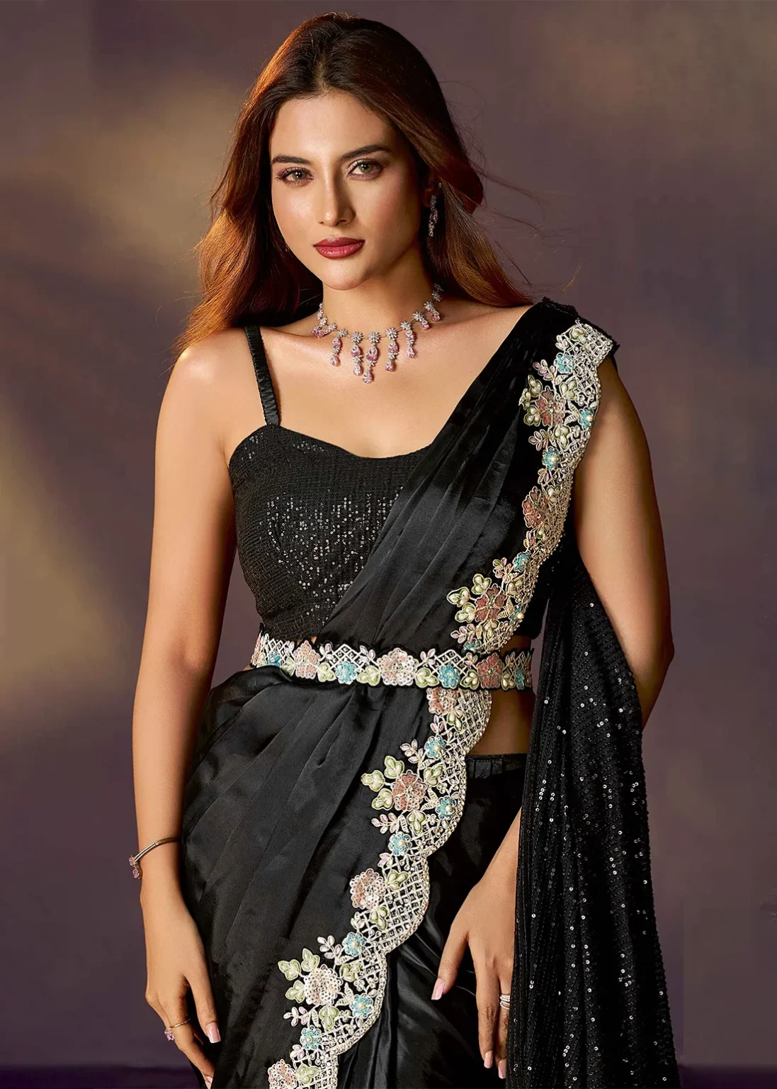 Black Pure Soft Crush Satin Silk Ready to Wear Saree ##color## Ready to Wear Saree with premium fabric and embroidery