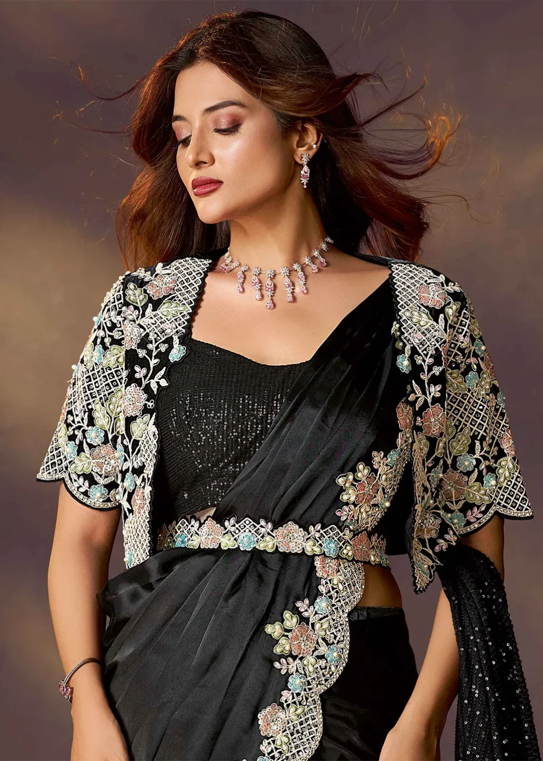 Black Pure Soft Crush Satin Silk Ready to Wear Saree ##color## Ready to Wear Saree with premium fabric and embroidery
