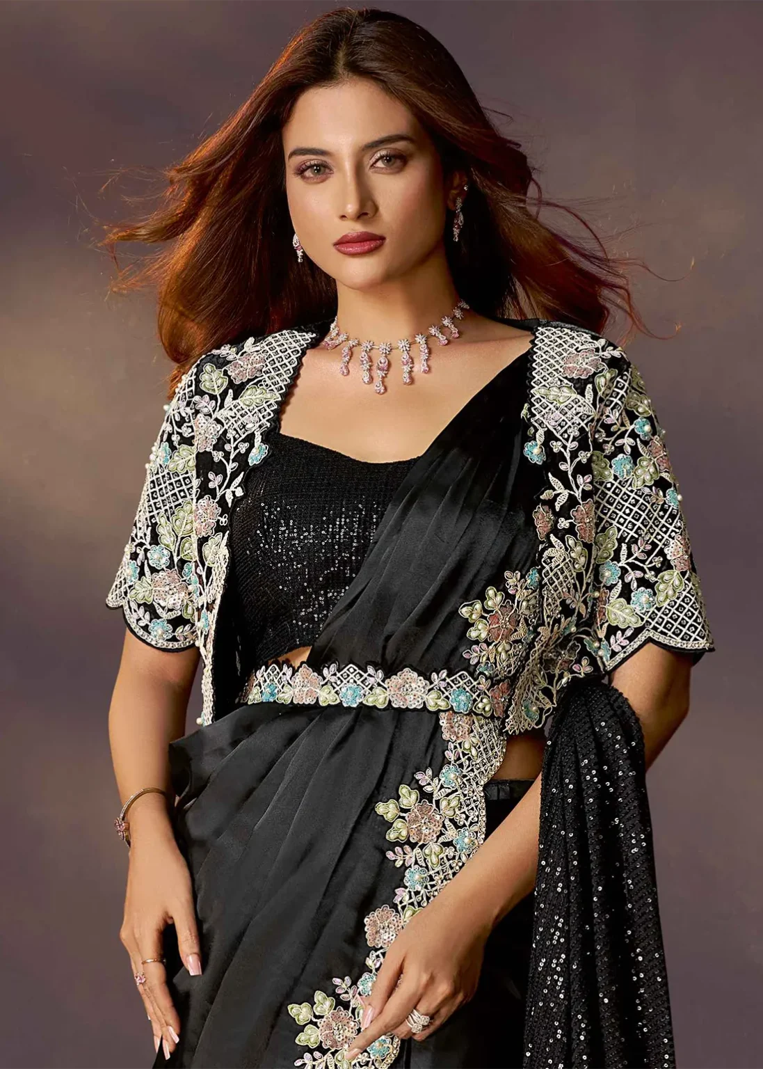 Black Pure Soft Crush Satin Silk Ready to Wear Saree ##color## Ready to Wear Saree with premium fabric and embroidery