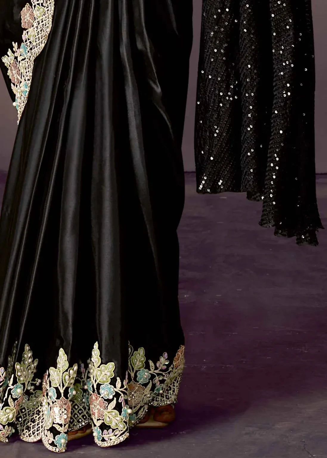 Black Pure Soft Crush Satin Silk Ready to Wear Saree ##color## Ready to Wear Saree with premium fabric and embroidery