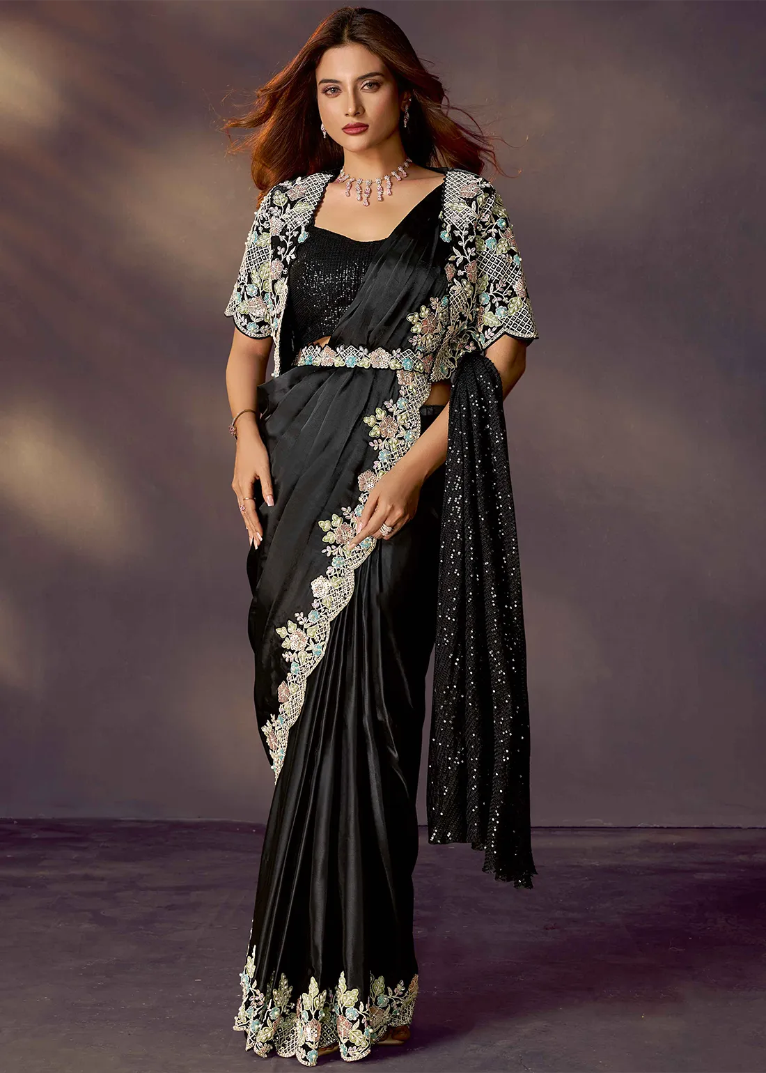 Black Pure Soft Crush Satin Silk Ready to Wear Saree ##color## Ready to Wear Saree with premium fabric and embroidery