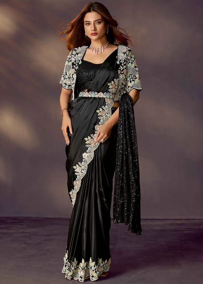 Black Pure Soft Crush Satin Silk Ready to Wear Saree 