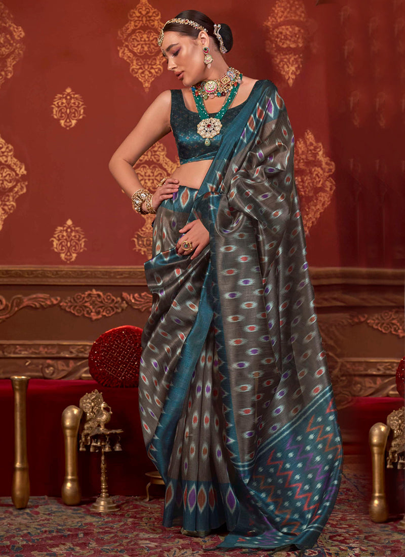 Black Pure Soft P.C Silk Ikkat Print Saree 