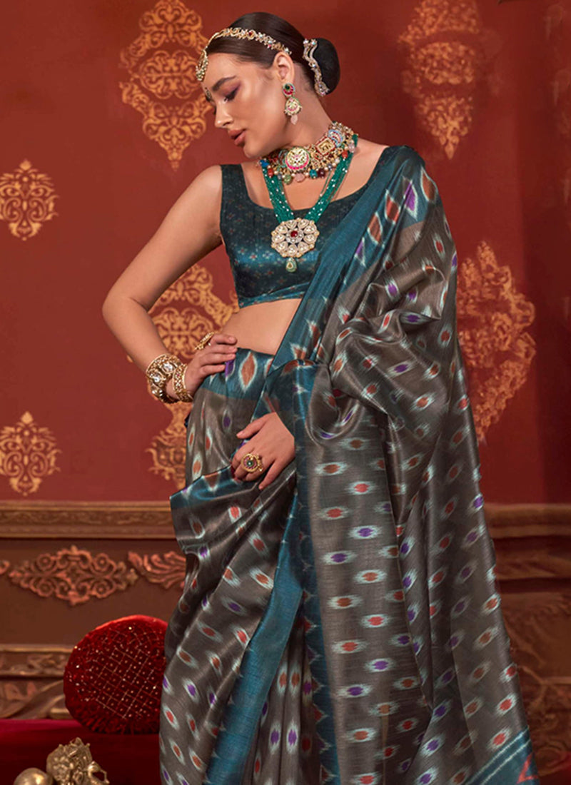 Black Pure Soft P.C Silk Ikkat Print Saree 