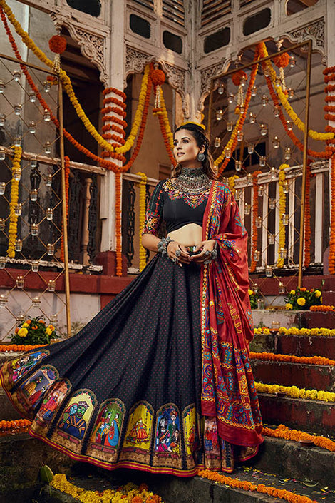 Navratri Garba Special Black Silk Digital Printed Work Chaniya Choli For Women s