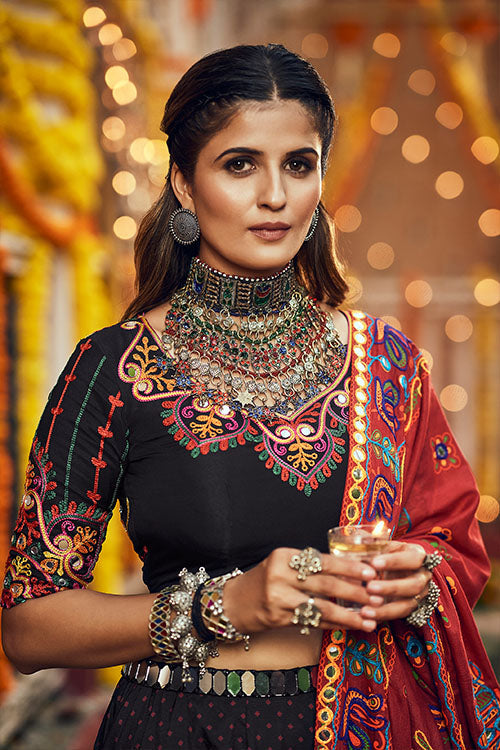 Navratri Garba Special Black Silk Digital Printed Work Chaniya Choli For Women's