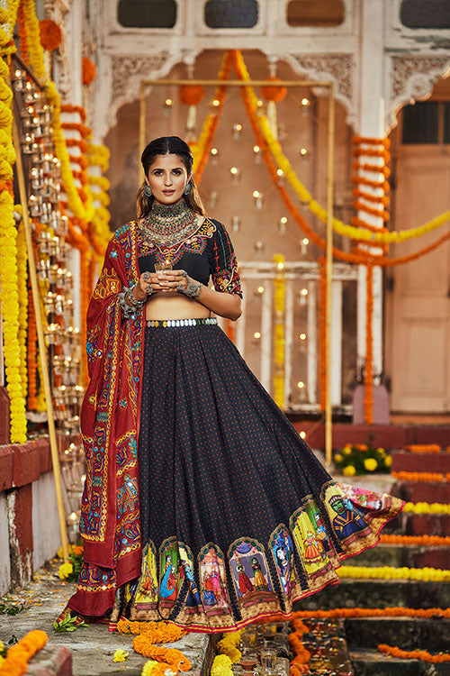 Navratri Garba Special Black Silk Digital Printed Work Chaniya Choli For Women&