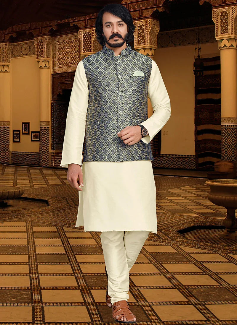 Blue Colour Outluk 120 Occasion Wear Mens Modi Jacket Kurta Pajama Catalog 12003 - Anant Exports
