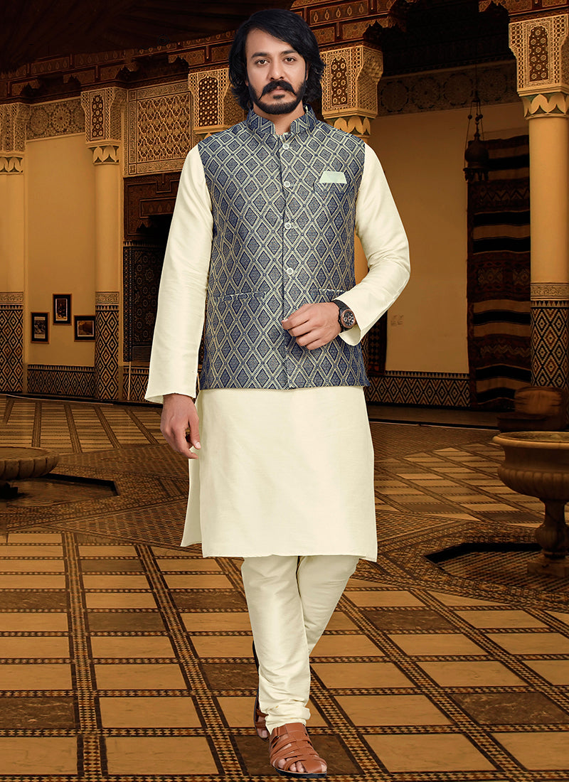 Blue Colour Outluk 120 Occasion Wear Mens Modi Jacket Kurta Pajama Catalog 12003