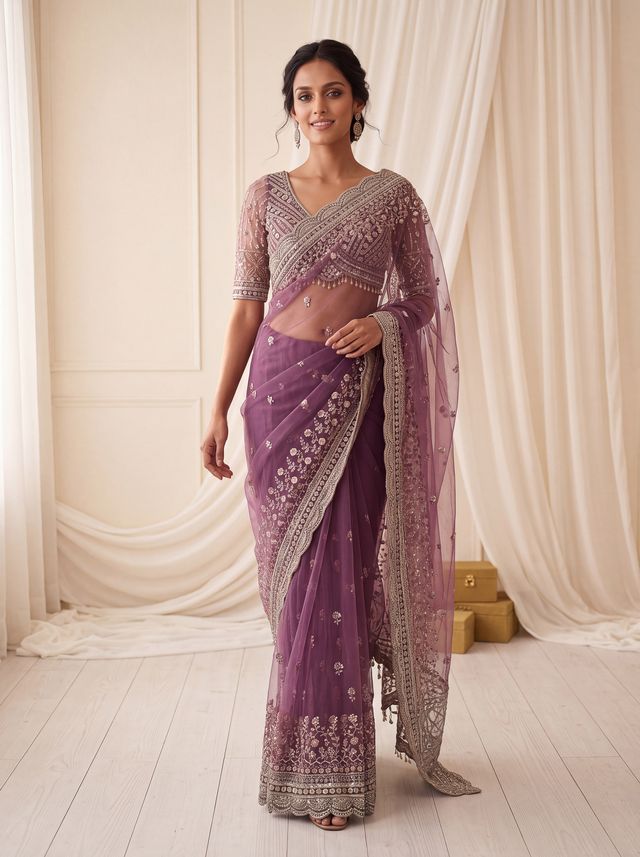 Purple Pure Premium Net Handwork Kasti &amp; Motif Zari Metallic Sequins Work Wedding Saree