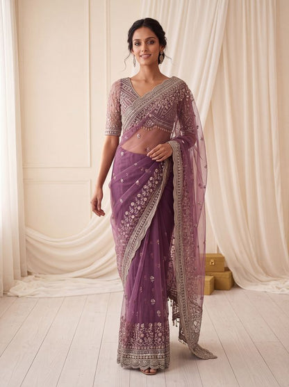 Purple Pure Premium Net Handwork Kasti &amp; Motif Zari Metallic Sequins Work Wedding Saree