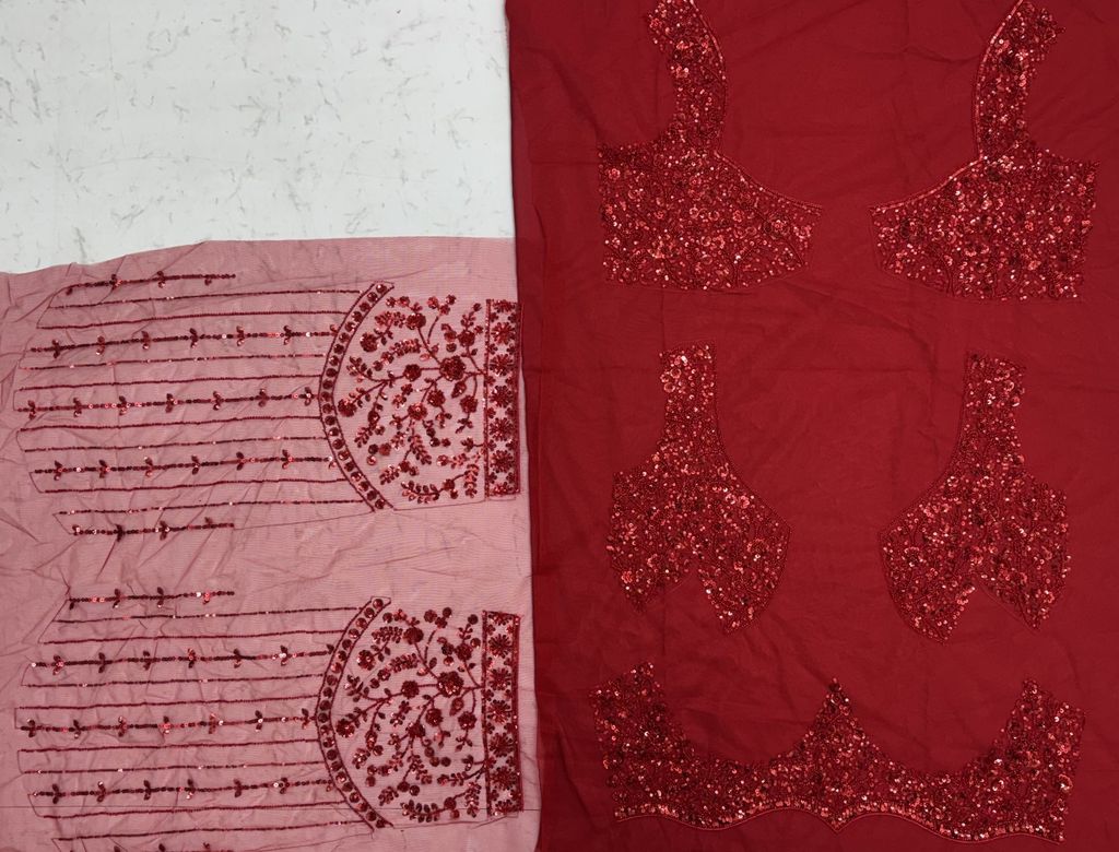 Red Pure Heavy Net Monochrome Sequins Zari Embroidery Work Net Bridal Lehenga Choli