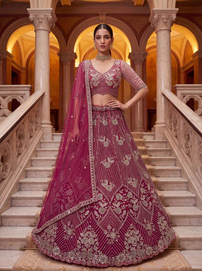 Rani Pure Heavy Net Motif Handwork Zari Sequins Work Bridal Lehenga Choli