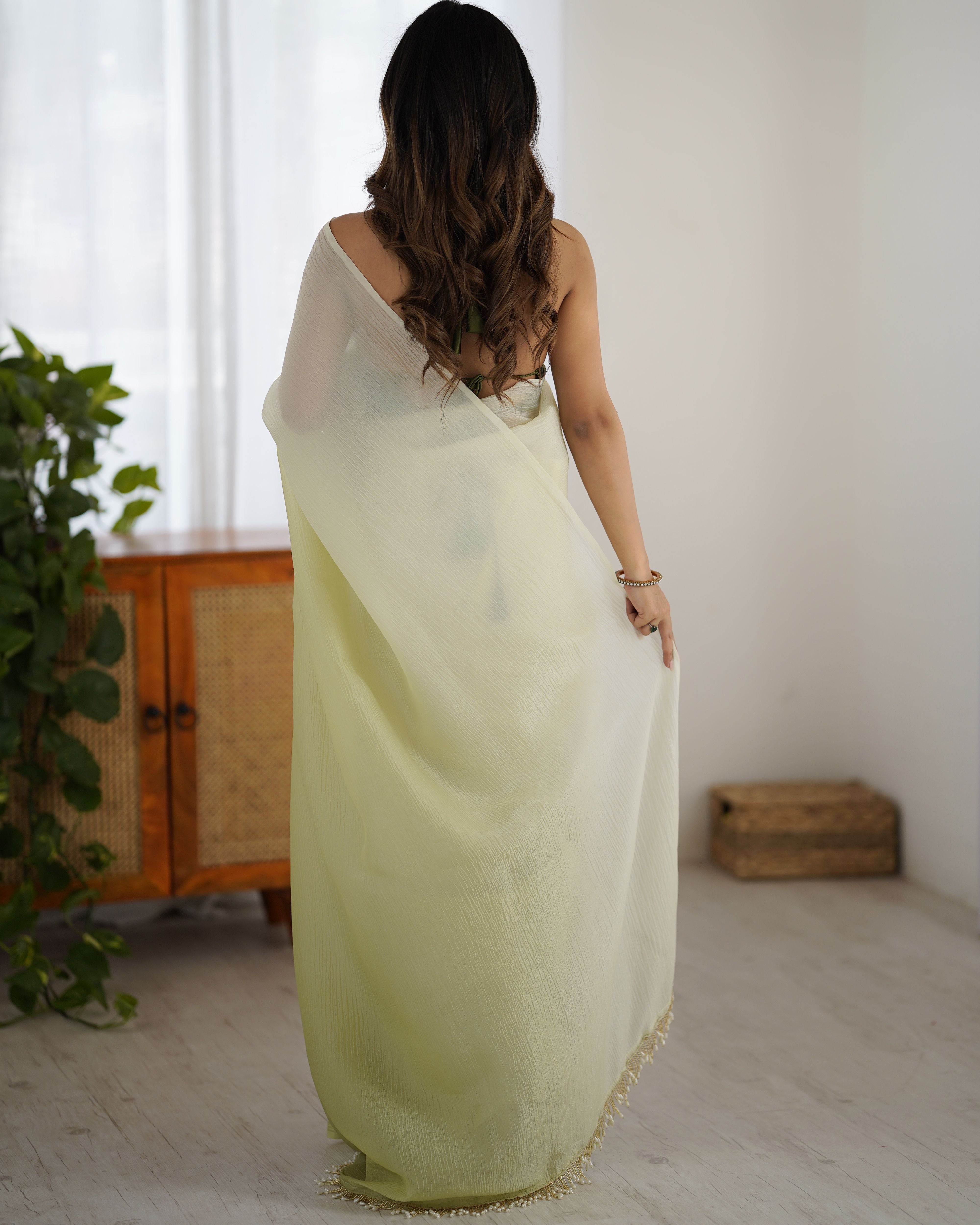 Lemon shaded Pure Soft Candy Crush Silk Ready to Wear Saree ##color## Ready to Wear Saree with premium fabric and embroidery