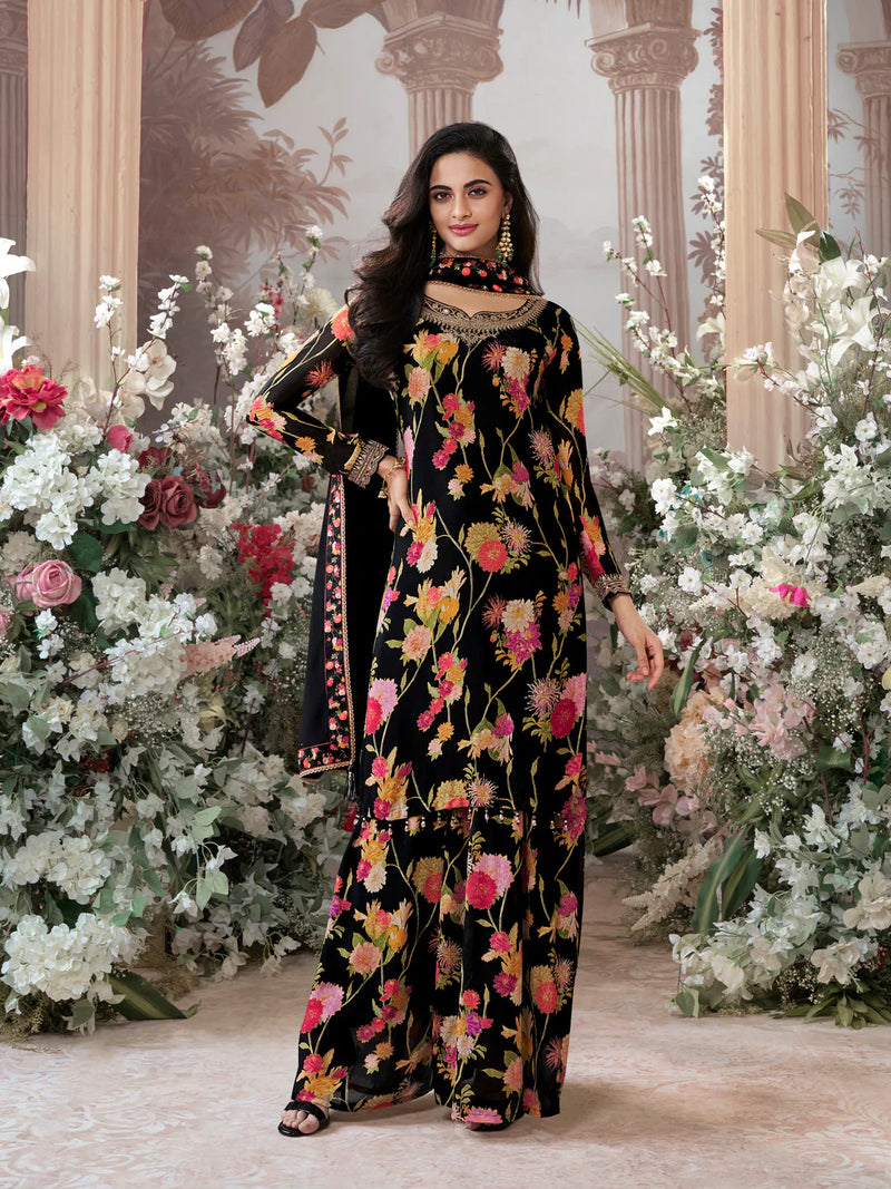 Floral Print Black Chinon Kurta with Matching Sharara and Dupatta

