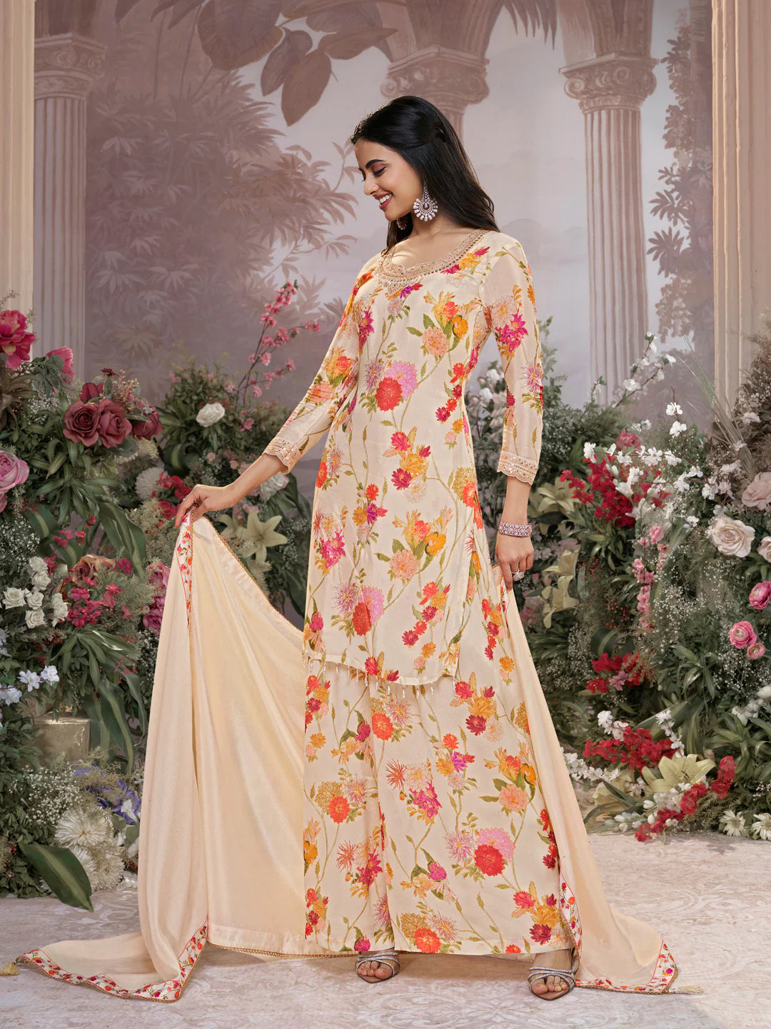 Women’s ethnic sharara suit with floral print and dupatta


