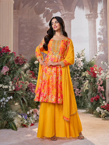 Wedding wear mustard sharara set in pure Russian silk

