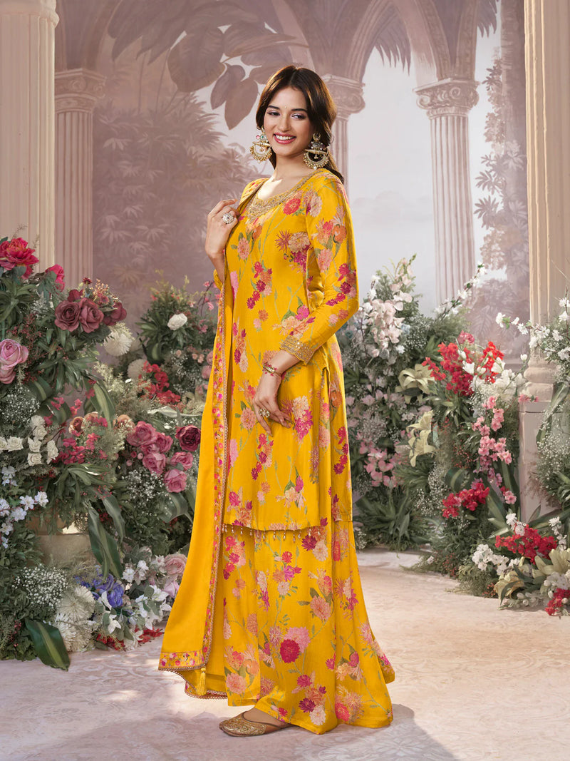 Designer mustard yellow chinon sharara set with floral print and embroidery

