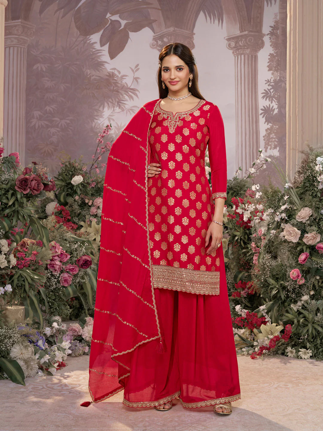 Designer festive wear red sharara set for women

