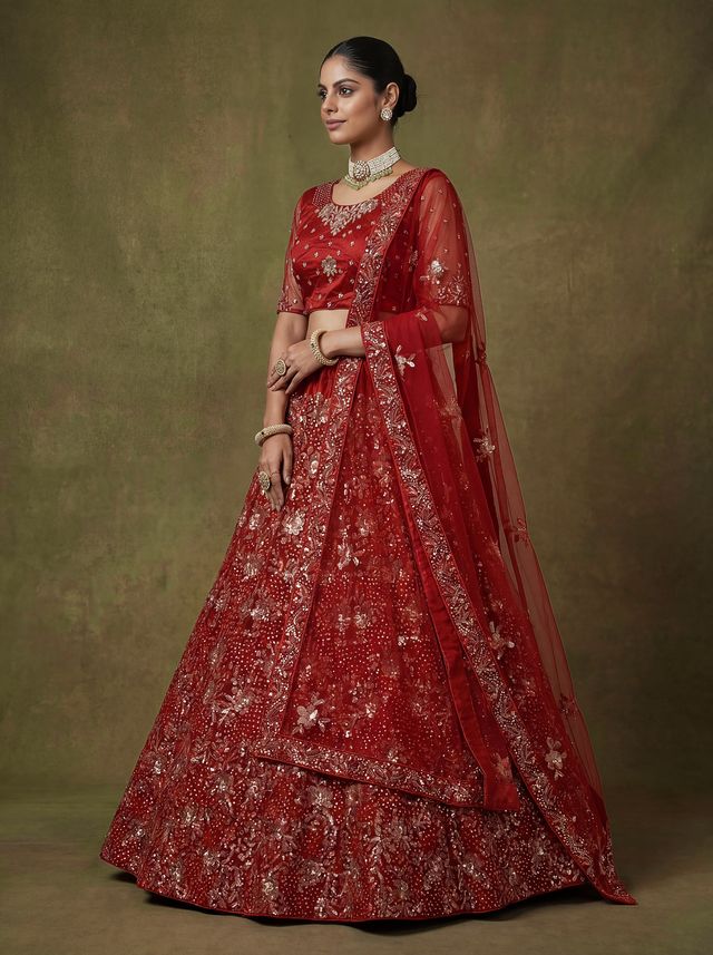 Red Pure Soft Heavy Net Sequins Embroidery Work Bridal Lehenga 