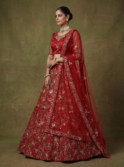 Red Pure Soft Heavy Net Sequins Embroidery Work Bridal Lehenga 