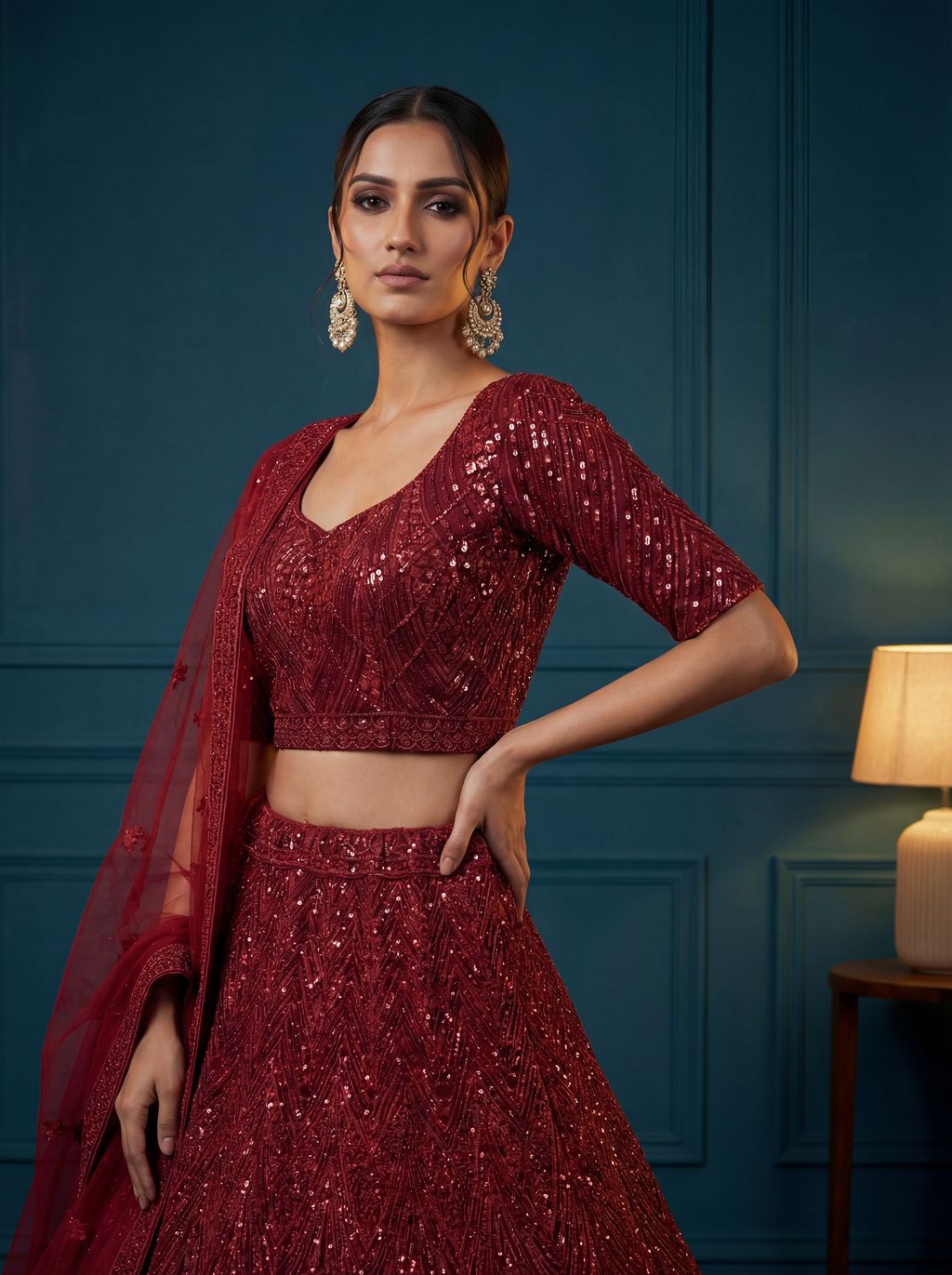 Red Pure Soft Net Heavy Embroidery Work Bridal Lehenga 