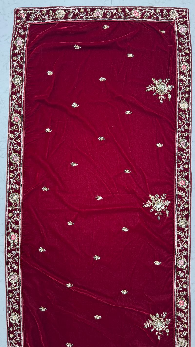 Red Pure Soft Velvet Heavy Embroidery Patch Work Bridal Lehenga