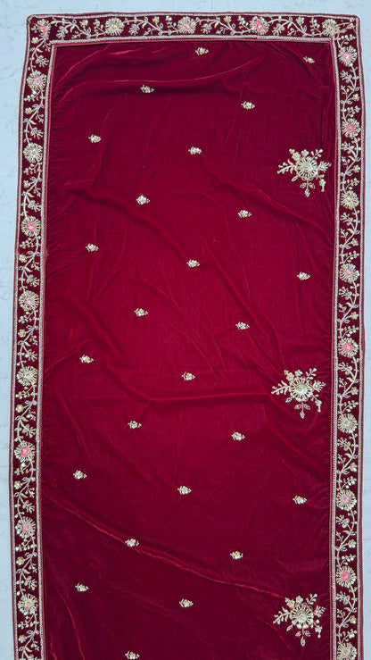 Red Pure Soft Velvet Heavy Embroidery Patch Work Bridal Lehenga