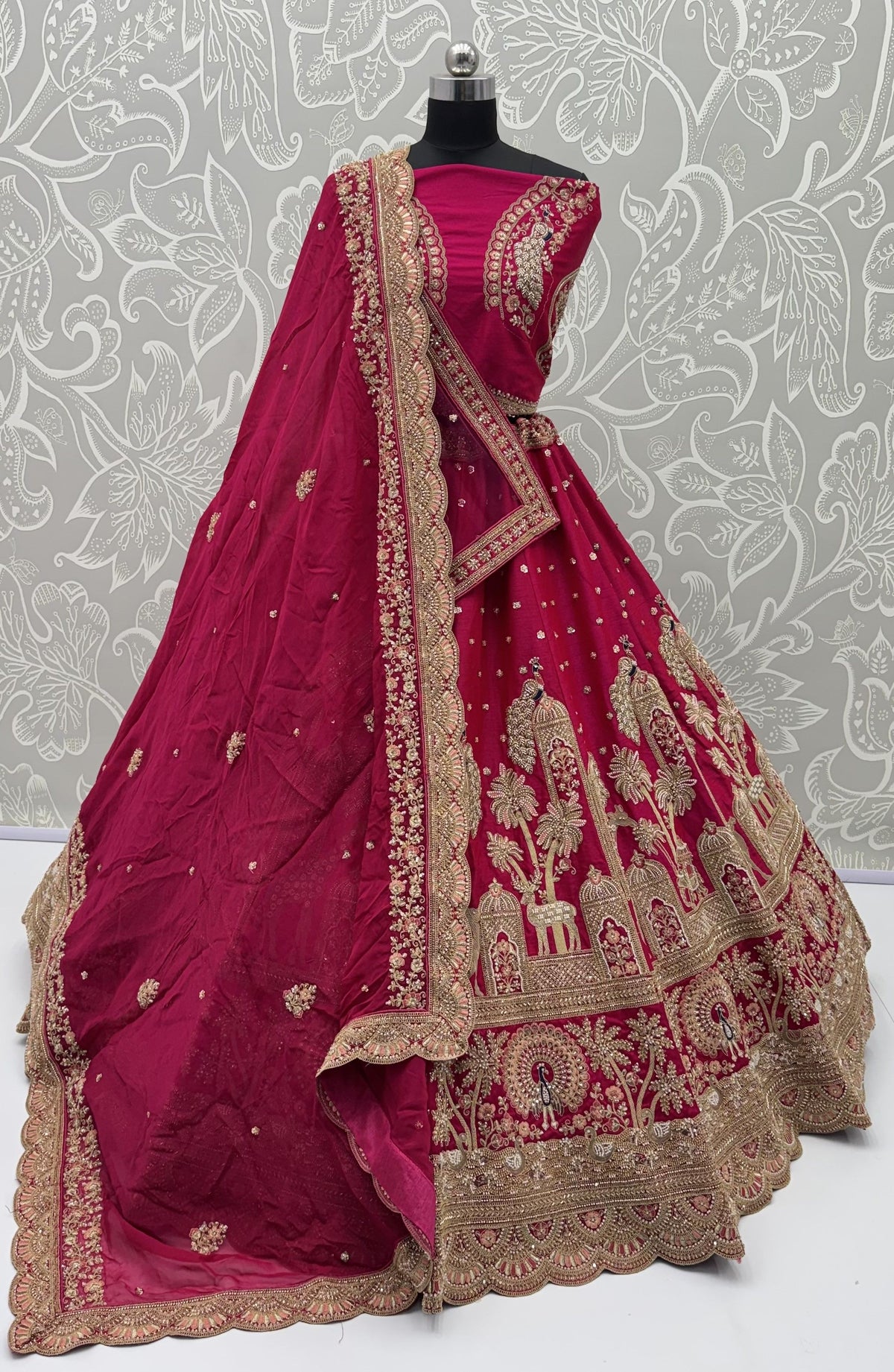 Red Pure Premium Gharwal Siik Peacock &amp; Giraffe Thread &amp; Zari Handwork Crystal Motif 
Sequins Work Bridal Lehenga Choli