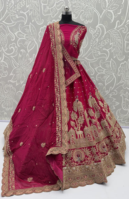 Red Pure Premium Gharwal Siik Peacock &amp; Giraffe Thread &amp; Zari Handwork Crystal Motif 
Sequins Work Bridal Lehenga Choli