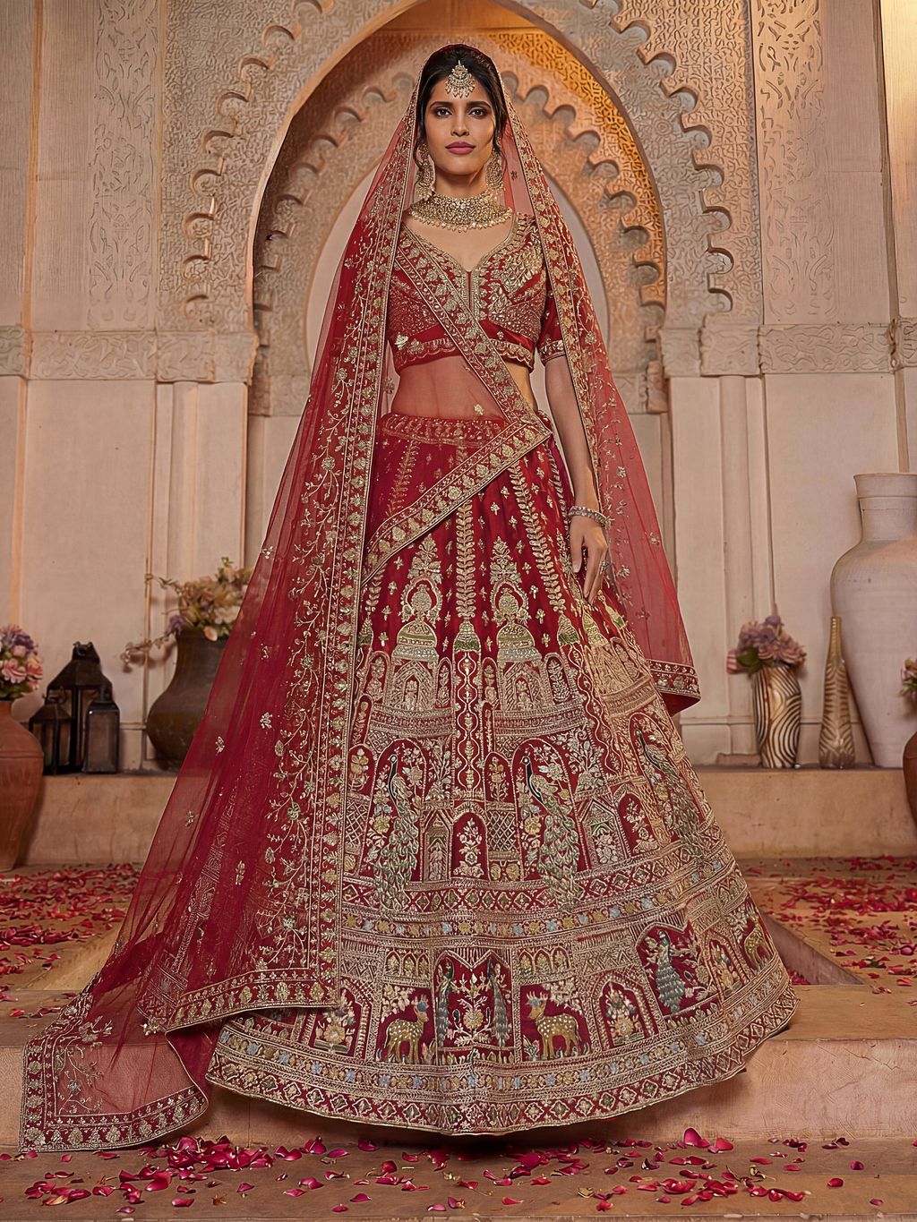 Red Pure Soft Silk Heavy Embroidery Work Bridal Lehenga