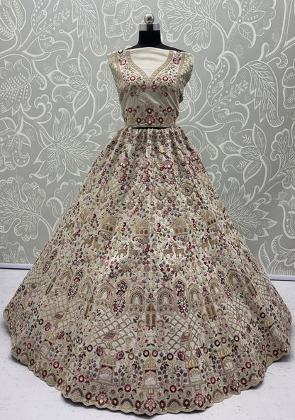 Off White Pure Soft Gadhwal Silk Heavy Embroidery Work Bridal Lehenga Choli