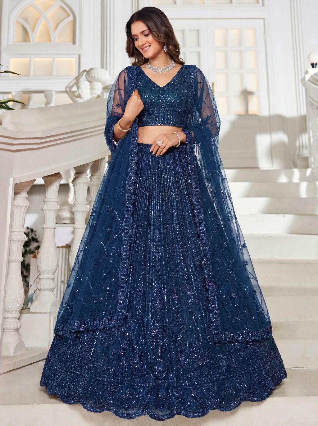 Blue Pure Soft Net Heavy Embroidery Work Bridal Lehenga 