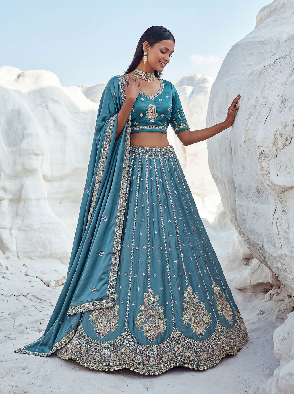 Sky Blue Pure Soft Silk Heavy Sequins Embellishment Work Bridal Lehenga Choli 