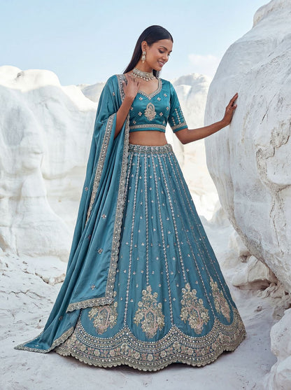 Sky Blue Pure Soft Silk Heavy Sequins Embellishment Work Bridal Lehenga Choli 